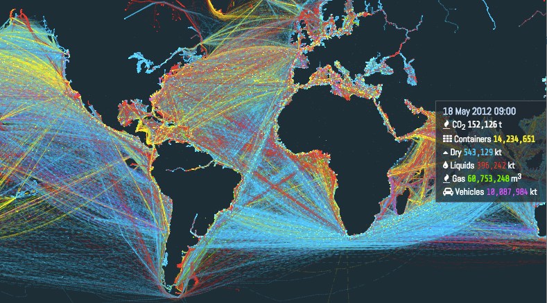 Global shipping routes and trade connections world map