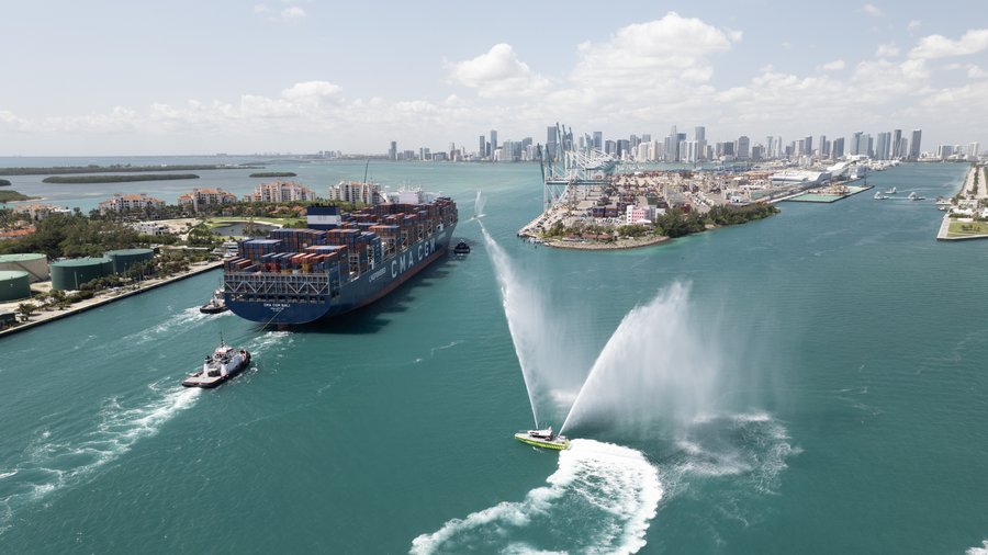 Aerial view of Port of Miami with cargo operations and container vessels