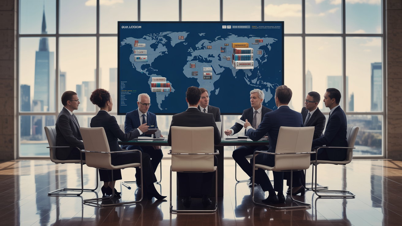 Business professionals discussing global trade logistics in a modern boardroom